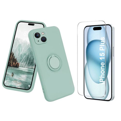 Coque Silicone Pour Iphone 15 Plus Couleur Vert Avec Anneau Support + Verre Trempe Protection Ecran Little Boutik®