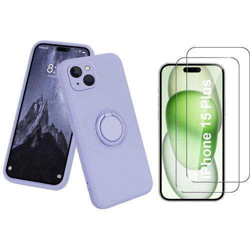 Coque Silicone Pour Iphone 15 Plus Couleur Violet Avec Anneau Support + 2 Verres Trempe Protection Ecran Little Boutik®
