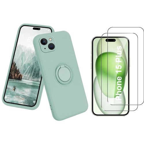 Coque Silicone Pour Iphone 15 Plus Couleur Vert Avec Anneau Support + 2 Verres Trempe Protection Ecran Little Boutik®