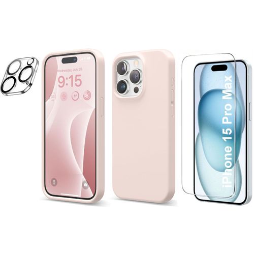 Coque Silicone Rose + Verre Trempe Et Protection Camera Arriere Pour Iphone 15 Pro Max Little Boutik®