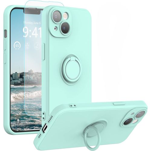 Coque Silicone Pour Iphone 14 Plus Couleur Vert Avec Anneau Support + Verre Trempe Protection Ecran Little Boutik®