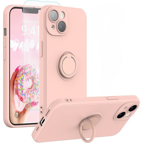 Coque Silicone Pour Iphone 14 Plus Couleur Rose Avec Anneau Support + Verre Trempe Protection Ecran Little Boutik®