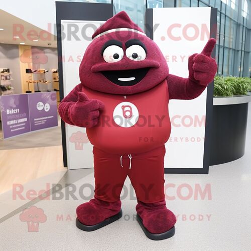 Personnage De Costume De Mascotte Redbrokoly De Prune Marron Habillé D'un Pantalon De Yoga Et De Pochettes De Costume