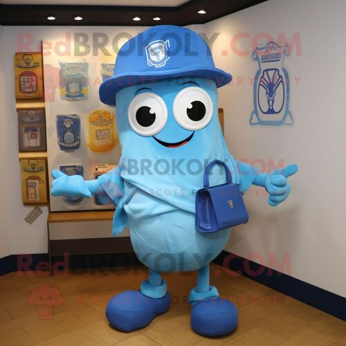 Personnage De Costume De Mascotte Redbrokoly De Calamars Frits Bleus Habillé D'un T-Shirt Et De Sacs Messenger
