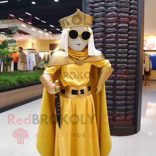 Personnage De Costume De Mascotte Redbrokoly De Chevalier Médiéval Doré Habillé D'une Jupe Longue Et De Lunettes De Soleil