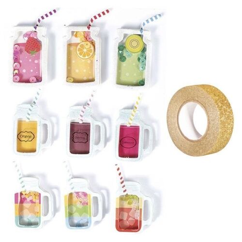 9 Stickers 3d Boissons Mason Jars 5 Cm + Masking Tape Doré À Paillettes 5 M