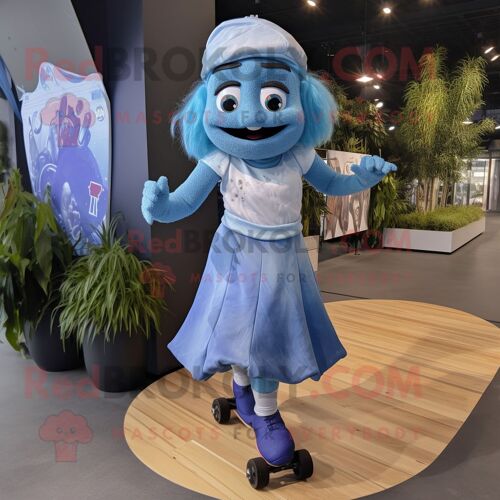 Personnage De Costume De Mascotte Redbrokoly De Skateboard Bleu Habillé D'une Robe De Bal Et De Bretelles