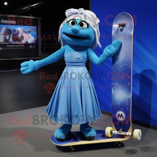 Personnage De Costume De Mascotte Redbrokoly De Skateboard Bleu Habillé D'une Robe De Bal Et De Bretelles