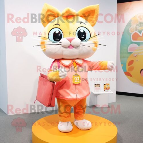 Personnage De Costume De Mascotte Redbrokoly Peach Cat Habillé Avec Un Gilet Et Des Porte-Monnaie