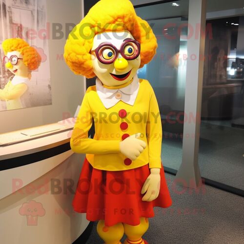 Personnage De Costume De Mascotte Redbrokoly De Clown Jaune Habillé D'une Jupe Crayon Et De Lunettes