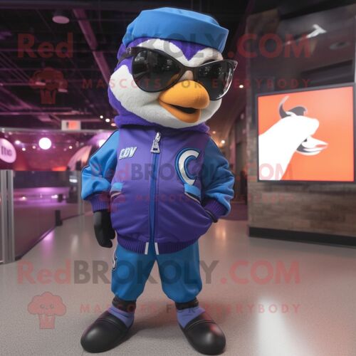Personnage De Costume De Mascotte Redbrokoly De Geai Bleu Violet Habillé D'un Blouson Aviateur Et De Lunettes De Soleil