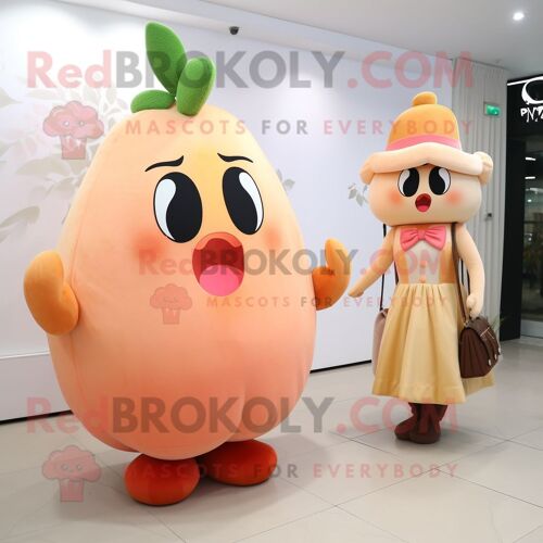 Personnage De Costume De Mascotte Redbrokoly Peach Champagne Habillé D'une Robe Fourreau Et De Sacs Messenger