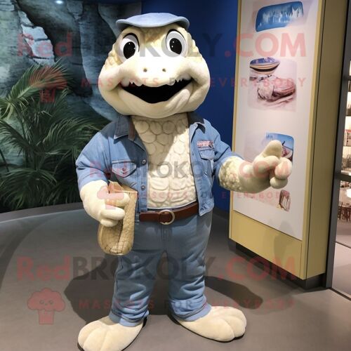 Personnage De Costume De Mascotte Redbrokoly Python Crème Habillé D'une Chemise En Jean Et De Pochettes