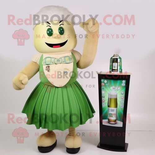 Personnage De Costume De Mascotte Redbrokoly De Bière Verte Beige Habillé D'une Robe De Cocktail Et De Montres Numériques