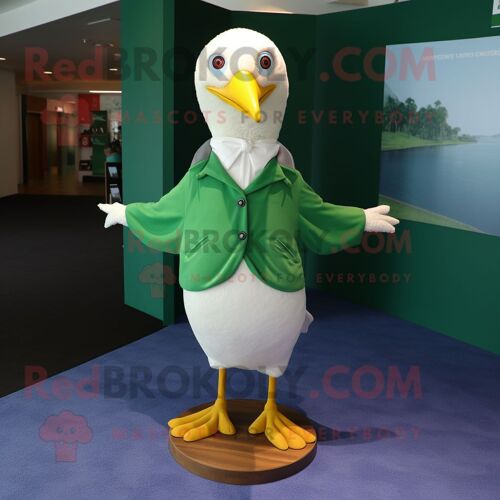 Personnage De Costume De Mascotte Redbrokoly De Mouette Vert Forêt Habillé D'un T-Shirt Et De Pochettes