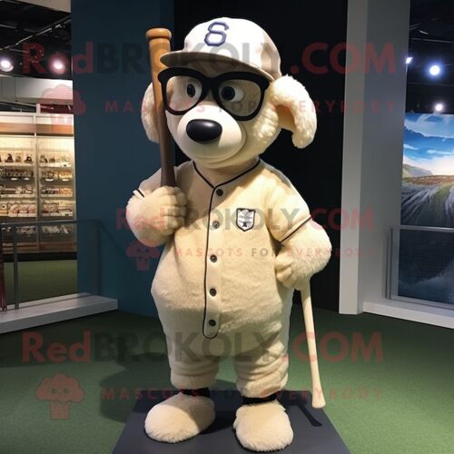 Personnage De Costume De Mascotte Redbrokoly De Mouton Beige Habillé D'un Tee-Shirt De Baseball Et De Lunettes