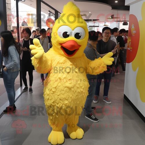 Mascotte Redbrokoly De Personnage De Poulet Frit Jaune Habillé D'un Jean Boyfriend Et De Repose-Pieds