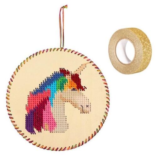 Coffret Suspension Bois À Broder Tête De Licorne + Masking Tape Doré À Paillettes 5 M Offert