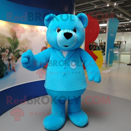 Personnage De Costume De Mascotte Redbrokoly D'ours En Peluche Cyan Habillé D'une Robe Et D'épinglettes