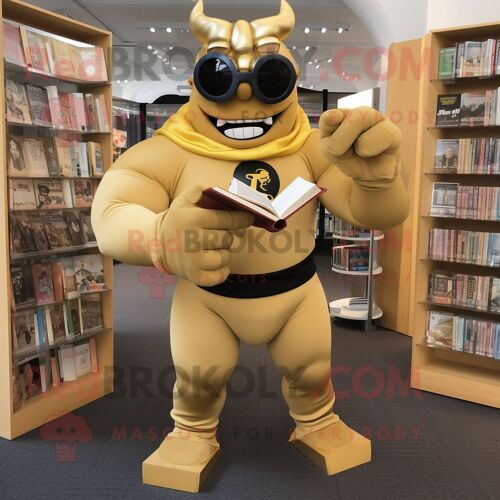 Personnage De Costume De Mascotte Redbrokoly D'homme Fort D'or Habillé D'un Col Roulé Et De Lunettes De Lecture
