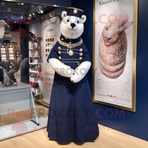 Mascotte Redbrokoly De Personnage D'hermine Bleu Marine Habillée D'une Robe Taille Empire Et De Broches