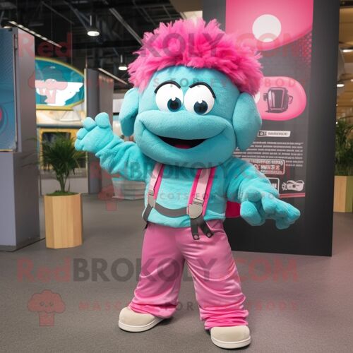 Personnage De Costume De Mascotte Redbrokoly Rose Turquoise Habillé D'un Pantalon Cargo Et De Porte-Clés
