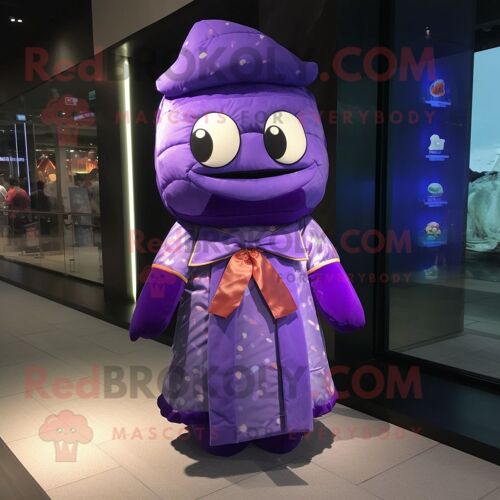 Mascotte Redbrokoly De Personnage Violet Sushi Habillé D'une Parka Et De Noeuds Papillon