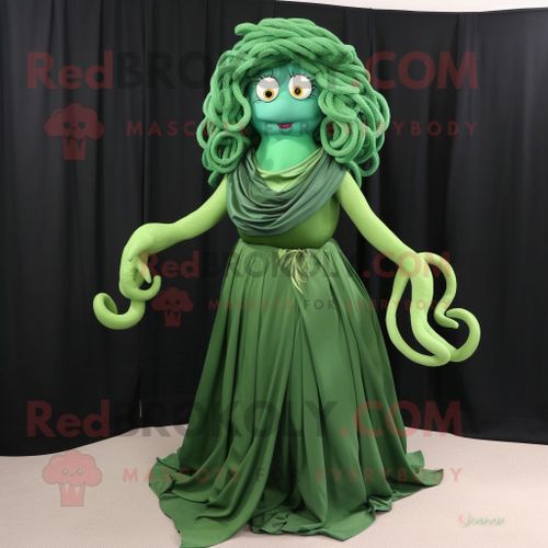 Personnage De Costume De Mascotte Redbrokoly Medusa Vert Forêt Habillé D'une Jupe Plissée Et D'épingles À Châle