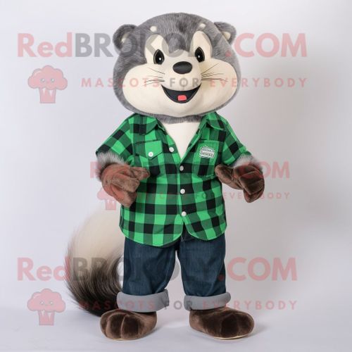Personnage De Costume De Mascotte Redbrokoly De Furet Vert Forêt Habillé D'une Chemise En Flanelle Et D'anneaux