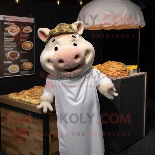 Personnage De Costume De Mascotte Redbrokoly De Sandwich Au Porc Effiloché Blanc Habillé D'un Cardigan Et De Boucles D'oreilles