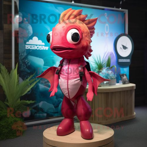 Personnage De Costume De Mascotte Redbrokoly De Poisson Rouge Magenta Habillé D'un Short De Bain Et D'anneaux