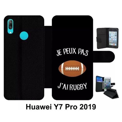 Etui À Rabat Huawei Y7 Pro - Je Peux Pas J Ai Rugby Ballon Fond Noir - Simili-Cuir - Noir