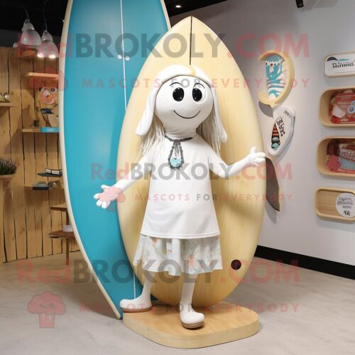 Personnage De Costume De Mascotte Redbrokoly De Planche De Surf Crème Habillé D'une Jupe-Culotte Et De Colliers