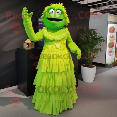 Personnage De Costume De Mascotte Redbrokoly Arc-En-Ciel Vert Citron Vêtu D'une Robe Longue Et De Bretelles