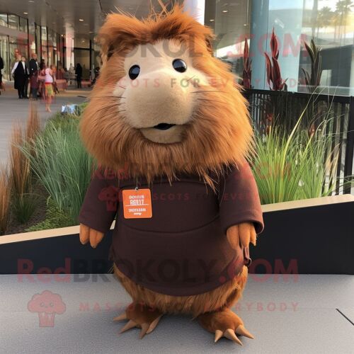 Personnage De Costume De Mascotte Redbrokoly De Cochon D'inde Marron Habillé D'un T-Shirt À Manches Longues Et De Pinces À Cheveux
