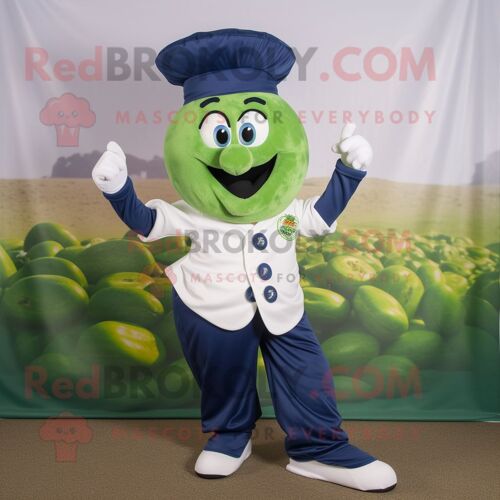 Personnage De Costume De Mascotte Redbrokoly De Pâtes Au Pesto Bleu Marine Habillé D'un Pantacourt Et De Coussinets Pour Les Pieds