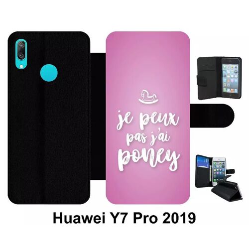 Etui À Rabat Huawei Y7 Pro - Je Peux Pas Jai Poney Fond Rose Pale - Simili-Cuir - Noir