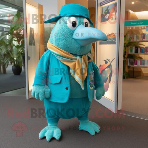 Mascotte Redbrokoly De Personnage Kiwi Turquoise Habillé D'un Pantacourt Et De Pochettes