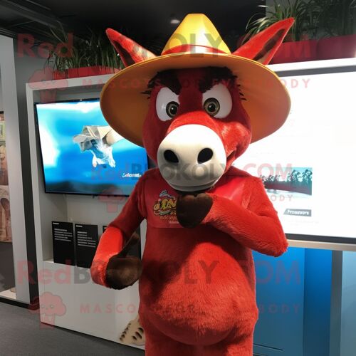 Personnage De Costume De Mascotte Redbrokoly D'âne Rouge Habillé D'un Maillot De Bain Une Pièce Et D'épingles À Chapeau