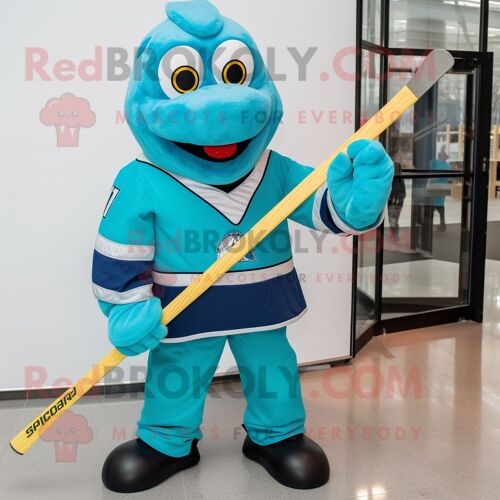 Personnage De Costume De Mascotte Redbrokoly De Bâton De Hockey Sur Glace Cyan Habillé D'un Col Roulé Et De Noeuds Papillon