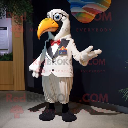 Mascotte Redbrokoly De Personnage De Toucan Blanc Habillé D'un Pantalon Habillé Et D'épinglettes