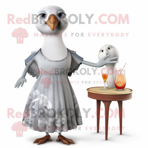 Mascotte Redbrokoly De Personnage De Mouette Grise Habillée D'une Robe De Cocktail Et De Montres