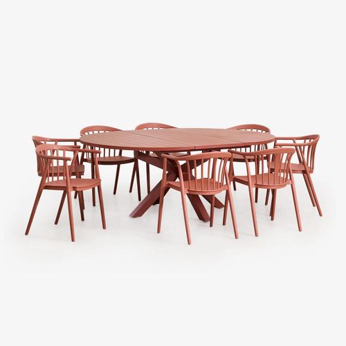 Ensemble De Table Ronde Extensible 145-200x145 Cm En Aluminium Barces Et 10 Chaises De Salle À Manger Empilables Avec Accoudoirs Rouge Tuile
