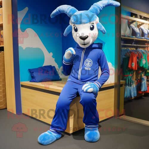 Personnage De Costume De Mascotte Redbrokoly De Chèvre Bleue Habillé D'une Combinaison Et De Lacets De Chaussure