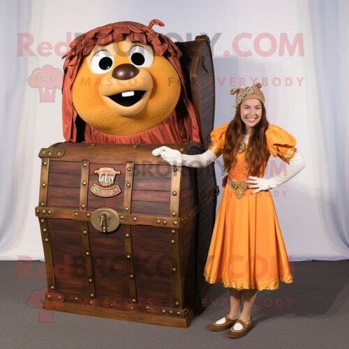 Personnage De Costume De Mascotte Redbrokoly De Coffre Au Trésor De Rouille Habillé D'une Robe Taille Empire Et De Pinces À Cheveux