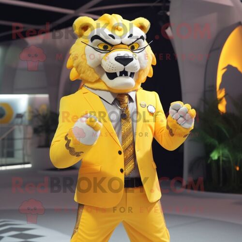Mascotte Redbrokoly De Tigre À Dents De Sabre Jaune Personnage Costume Habillé D'un Costume Et De Colliers