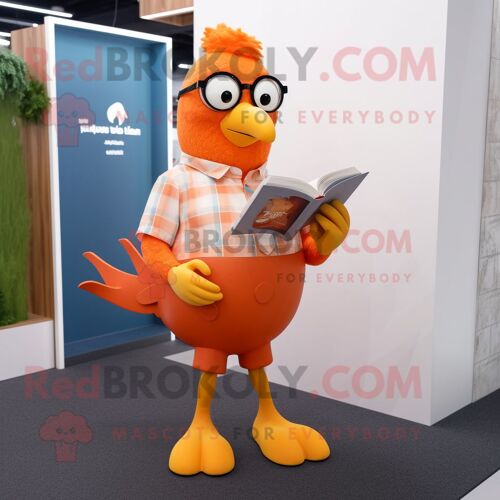 Mascotte Redbrokoly De Personnage De Colombe Orange Vêtu D'un Jean Bootcut Et De Lunettes De Lecture