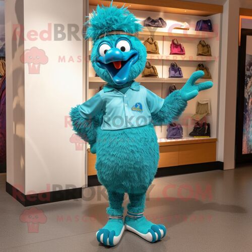 Personnage De Costume De Mascotte Redbrokoly D'émeu Turquoise Habillé D'un Pantacourt Et De Boutons De Manchette