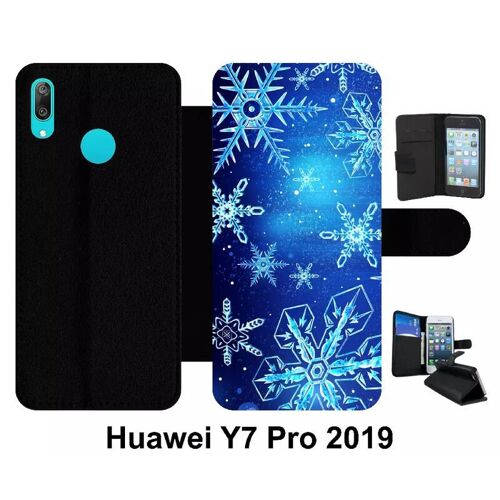 Etui À Rabat Huawei Y7 Pro - Flocon De Neige Fond Bleu Nuit - Simili-Cuir - Noir