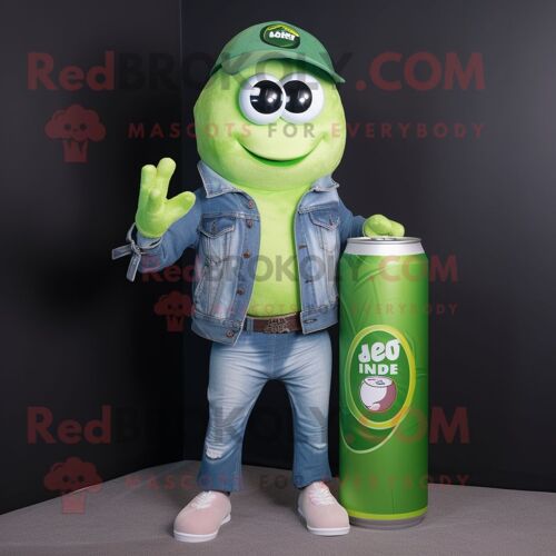 Personnage De Costume De Mascotte Redbrokoly De Canette De Soda Vert Citron Vêtu D'un Short En Jean Et D'écharpes
